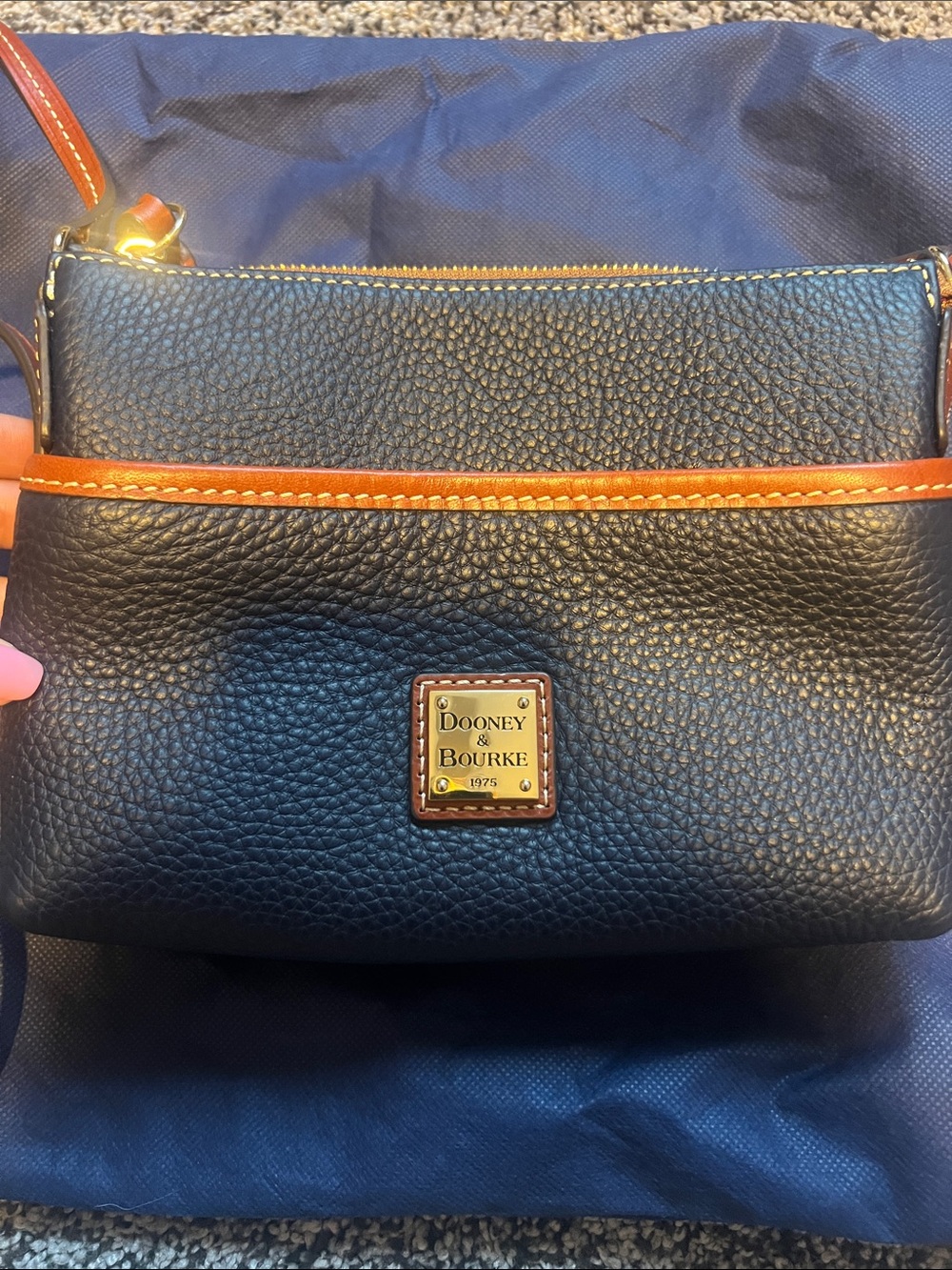 Dooney & Bourke Navy  Pebbled Leather Crossbody with Brown Trim
